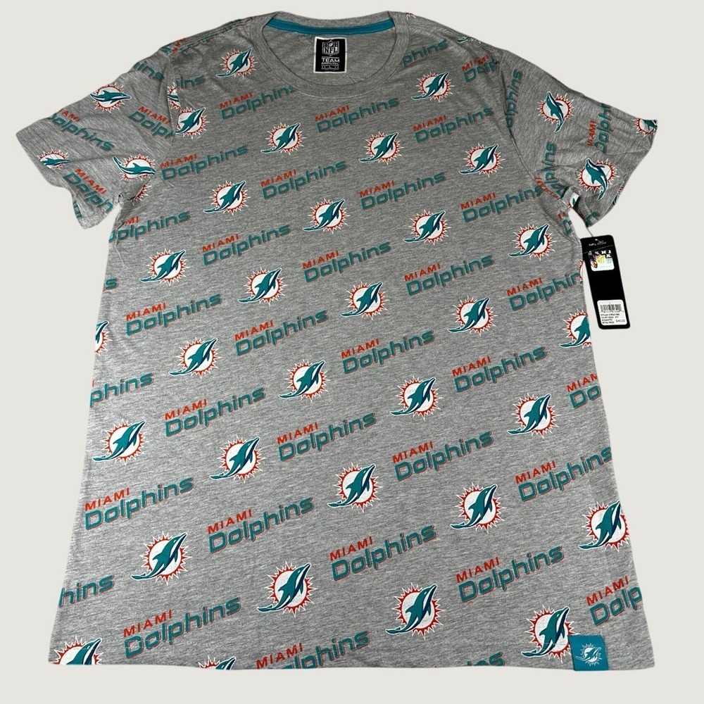 NFL Team Apparel Miami Dolphins T Shirt Mens L Gray All Over Print Streetwear
